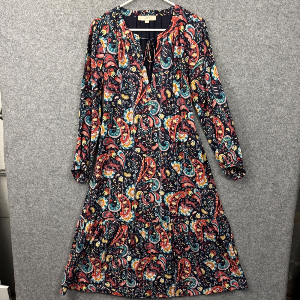 Loft‎ Womens Small Navy Paisley Metallic Tiered Midi Dress Long Sleeve Boho Tie